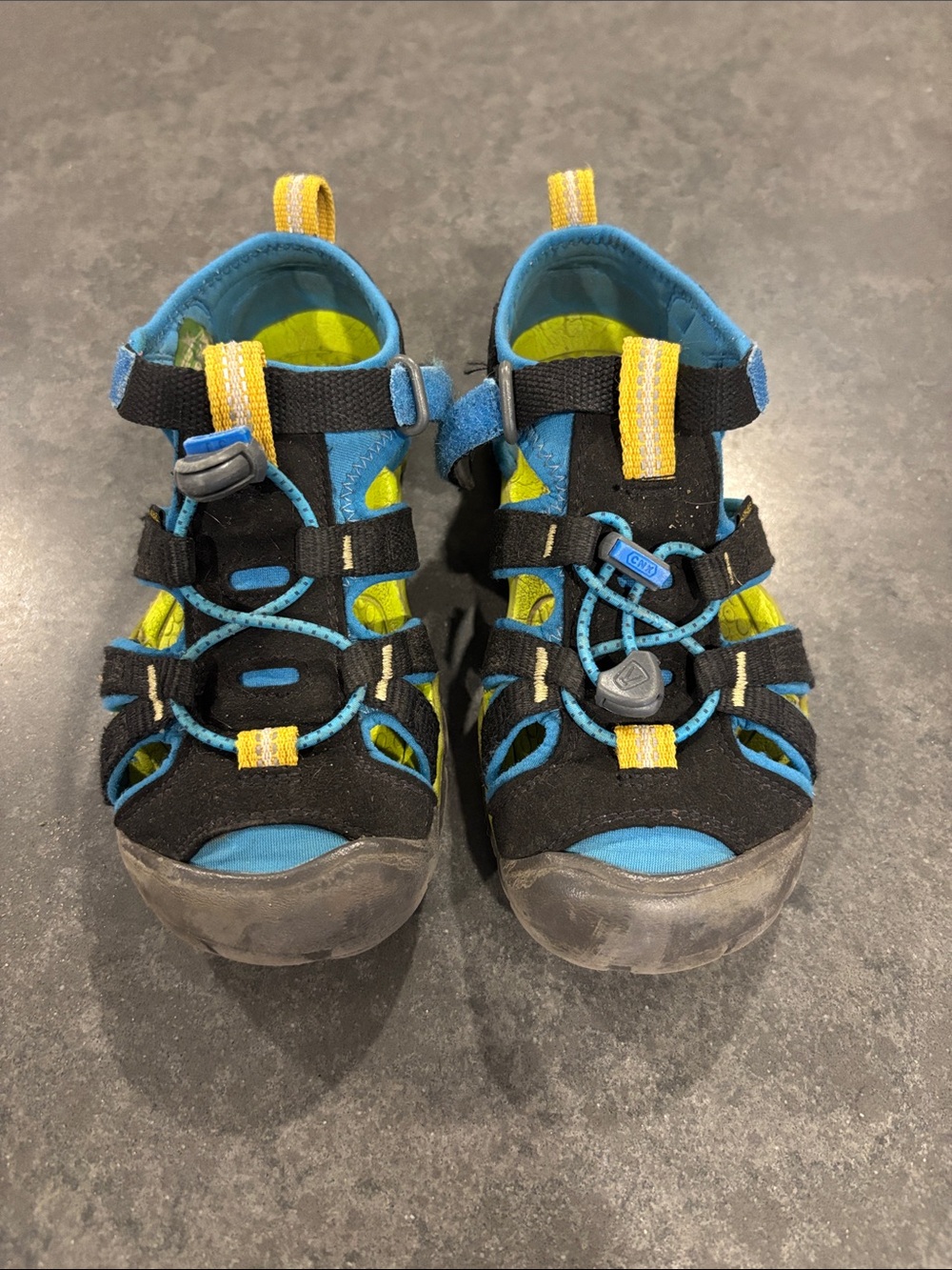 Kids Keen Black and Blue Outdoor Sandals with Yellow Accents size 13